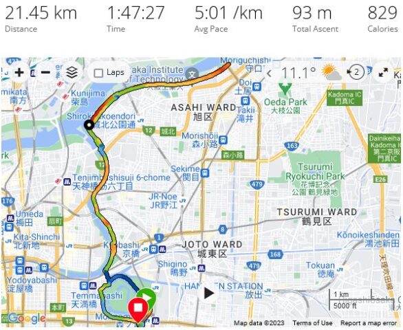 大阪城公園から淀川豊里大橋までランニング 2023/02/05